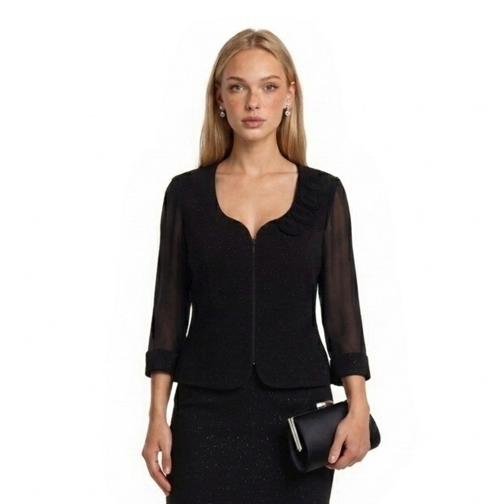 Alex Evenings Jacket Women's Size Large Black Metallic Rosette Top Cocktail
